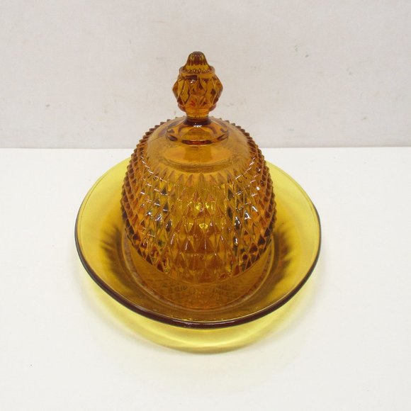 Vintage Indiana Amber Glass Diamond Point Covered Oval Butter Dish - Picture 4 of 8